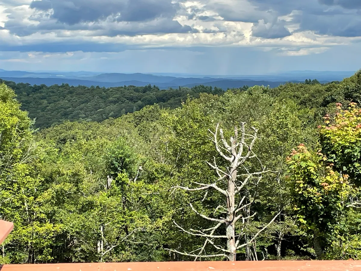 This view offers expansive mountain vistas with green foliage, a bare tree, and a cloudy sky, evoking the sense of nearby trails and open landscapes ready for exploration. The image suggests the adventures that await just beyond the property.